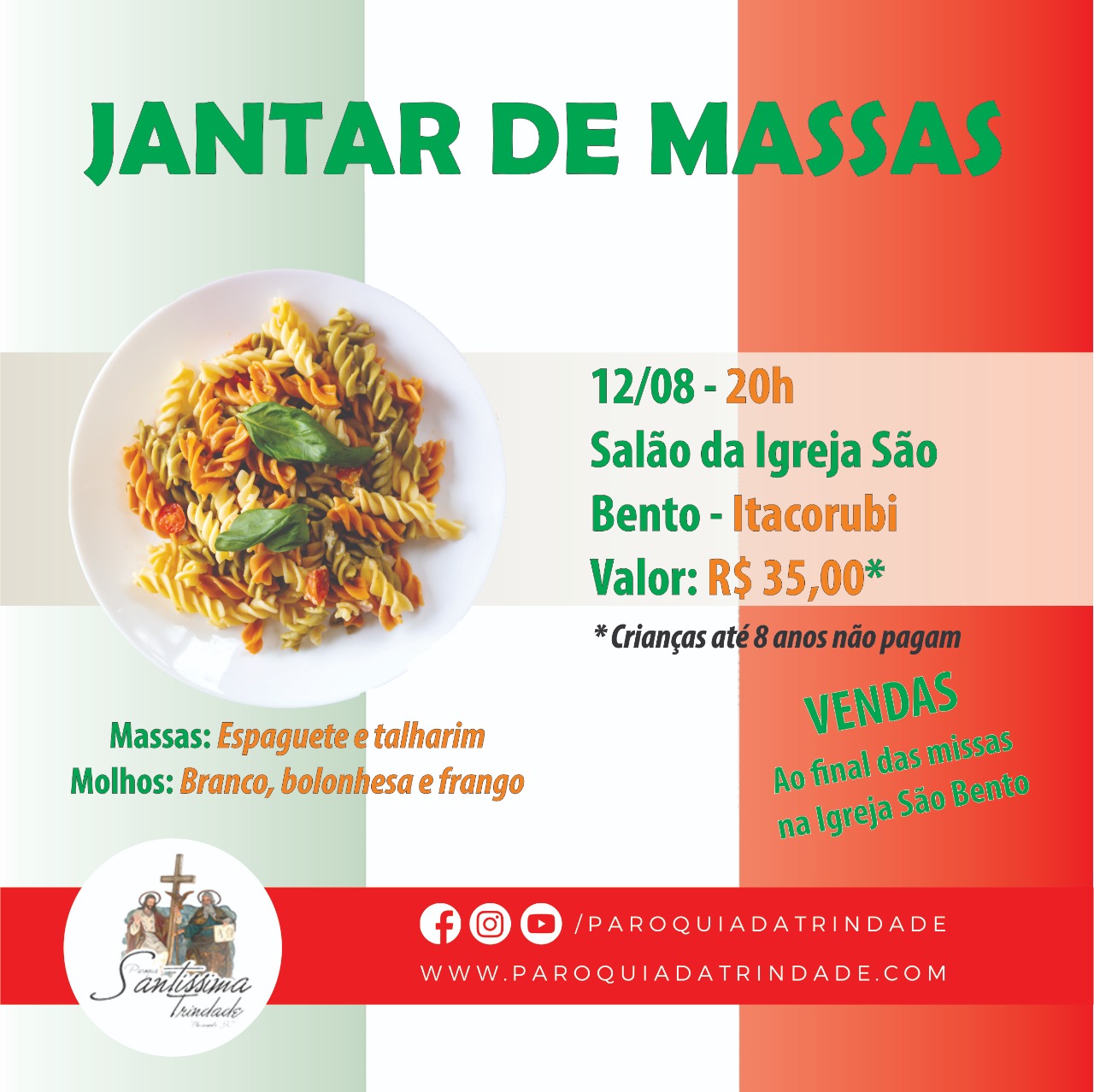 Comunidade São Bento convida para Jantar de Massas